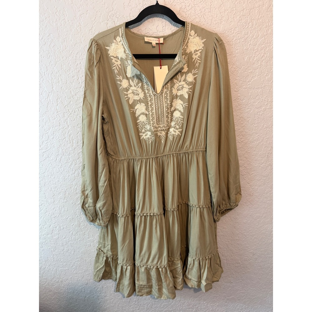 Solitaire Embroidered Tiered Mini Dress Large Boho Cottagecore 21-618